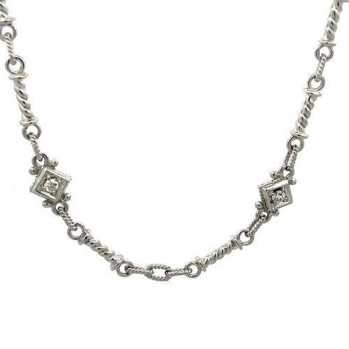 JUDITH RIPKA GOLD DIAMOND NECKLACE 18K WHITE ASSORTED STYLE LINKS: JUDITH RIPKA GOLD DIAMOND NECKLACE 18K WHITE ASSORTED STYLE LINKS This is a lovely authentic necklace by Judith Ripka, it is crafted from 18k white gold featuring alternating long twisted long links f