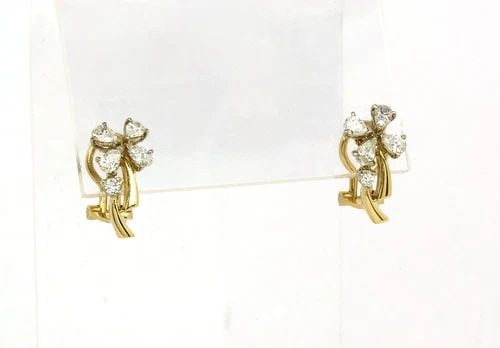 DIAMONDS PEAR SHAPE GOLD EARRINGS 1.75CT FLORAL 18K YELLOW FLORAL POST CLIP (1 of 2)