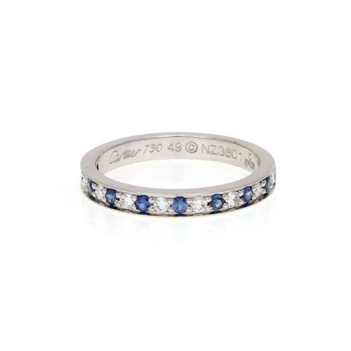 CARTIER SAPPHIRE & DIAMOND RING 18K WHITE GOLD BAND SIZE 49 -US 5 W/CERT: CARTIER SAPPHIRE & DIAMOND RING 18K WHITE GOLD BAND SIZE 49 -US 5 W/CERT Cartier Sapphire & Diamond 18k White Gold Band Ring Size 49 -US 5 w/Cert Description This is a lovely authentic band by Cartier