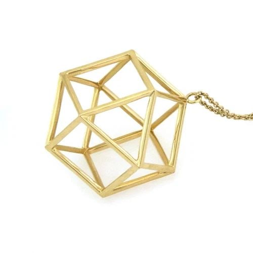 PENDANT DODECAHEDRON SHAPE 18K YELLOW GOLD OPEN 3D & 38" LONG CHAIN: This pendant features a unique dodecahedron shape design in 18k yellow gold, complemented by a 38" long oval link chain. The open 3D design of the pendant adds a modern touch to the classic style, mak