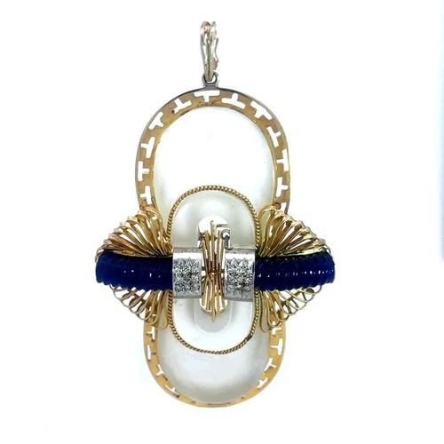 70640 ART DECO GOLD LAPIS PENDANT DIAMOND 14K 12K GOLD LARGE FANCY DESIGN: 70640 ART DECO GOLD LAPIS PENDANT DIAMOND 14K 12K GOLD LARGE FANCY DESIGN The product is a stunning Art Deco pendant featuring a large yellow gold fancy cross like frame with a long odd shaped frosted