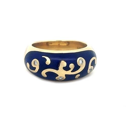 FABERGE DIAMOND GOLD RING 18K YELLOW ENAMEL DOME BAND: FABERGE DIAMOND GOLD RING 18K YELLOW ENAMEL DOME BAND This lovely Faberge ring is a stunning piece of fine jewelry featuring an 18K yellow gold dome shaped band, the front half has cobalt blue enamel 