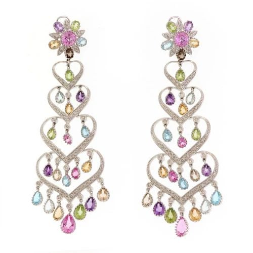 MULTICOLOR SAPPHIRE DIAMOND EARRINGS 14K GOLD HEARTS CHANDELIER STYLE: MULTICOLOR SAPPHIRE DIAMOND EARRINGS 14K GOLD HEARTS CHANDELIER STYLE Estate Multicolor Sapphire Diamond 14k Gold Hearts Chandelier Earrings Description This is a stunning pair of chandelier earrings,