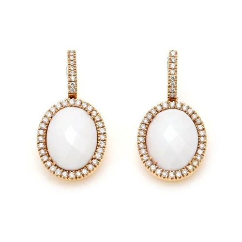 DIAMOND WHITE STONE EARRINGS 18K ROSE GOLD OVAL DANGLE: DIAMOND WHITE STONE EARRINGS 18K ROSE GOLD OVAL DANGLE These Diamond White Stone Earrings are crafted with 18k Rose Gold and feature an elegant oval dangle design. The main stones are natural diamonds