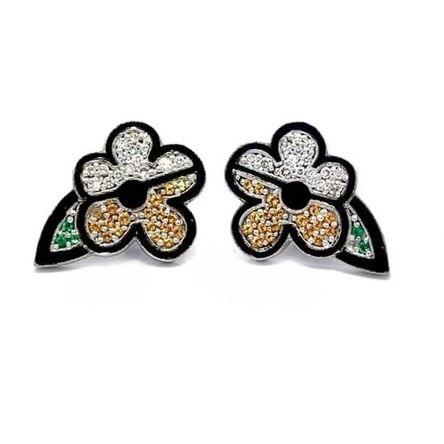 BRIOTTO X OC DIAMOND GOLD STUD EARRINGS FLORAL ENAMEL GEMS 18K WHITE: BRIOTTO X OC DIAMOND GOLD STUD EARRINGS FLORAL ENAMEL GEMS 18K WHITE This is a lovely pair of contemporary diamond and genuine gemstones floral stud earrings by designer Romero Britto from Orianne Col