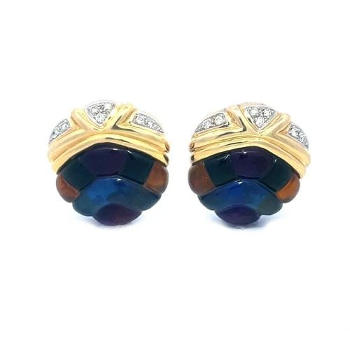 MAYOR'S DIAMOND GOLD EARRINGS 14K YELLOW MULTI-COLOR GEMSTONES VINTAGE: MAYOR'S DIAMOND GOLD EARRINGS 14K YELLOW MULTI-COLOR GEMSTONES VINTAGE These lovely vintage pair of earrings feature a beautiful combination of natural white diamonds and multi-colored gemstones set i