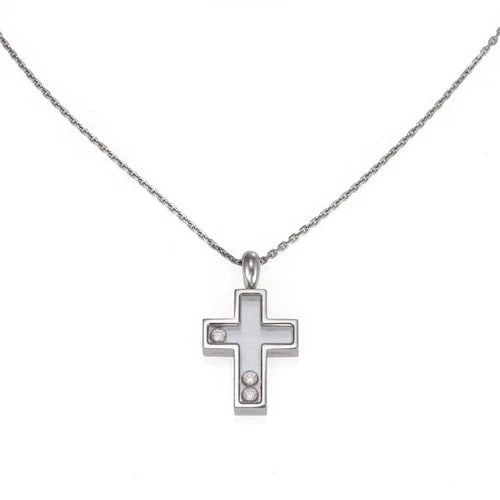 CHOPARD HAPPY DIAMOND 18K GOLD CROSS PENDANT & CHAIN: Chopard Happy Diamond 18k Gold Cross Pendant & Chain Description This authentic Chopard necklace is finely crafted from 18k white gold. It comes from Chopard's Happy Diamonds collection and features a