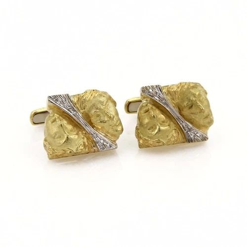 DIAMOND GOLD CUFFLINKS 18K TWO TONE GOLD DOUBLE FACE STUD STYLE (1 of 2)