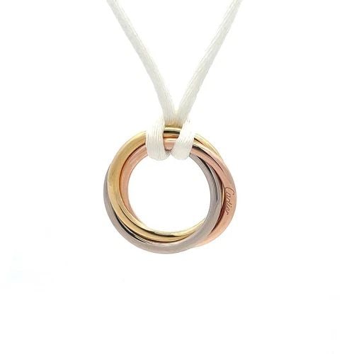 CARTIER TRINITY 18K GOLD PENDANT TRICOLOR GOLD CORD NECKLACE PAPER POUCH: CARTIER TRINITY 18K GOLD PENDANT TRICOLOR GOLD CORD NECKLACE PAPER POUCH An authentic chic necklace by Cartier from the Trinity Collection, it is the signature design of the Cartier Maison. The three 