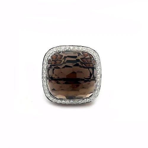 DIAMOND & GEMS GOLD RING 18K TWO TONE LARGE CUSHION TOP: DIAMOND & GEMS GOLD RING 18K TWO TONE LARGE CUSHION TOP This is a large, beautiful cocktail ring, it is crafted from 18k white gold with black rhodium. The top feature a large cushion shape with a stu