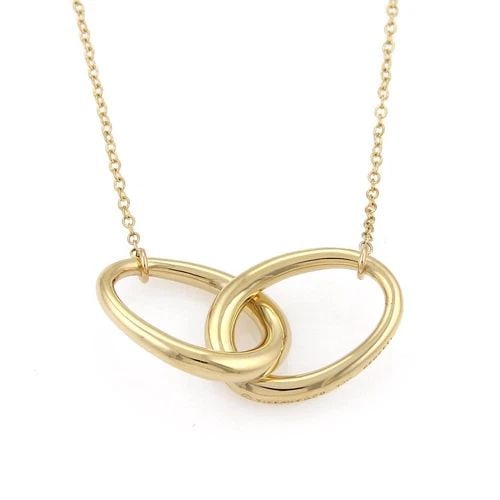 TIFFANY & CO. NECKLACE 18K YELLOW GOLD 2 INTERLACED LARGE OVAL RING PENDANT: TIFFANY & CO. NECKLACE 18K YELLOW GOLD 2 INTERLACED LARGE OVAL RING PENDANT The Tiffany & Co. Necklace is a stunning piece of fine jewelry made from 18k yellow gold. It features an interlaced large ov
