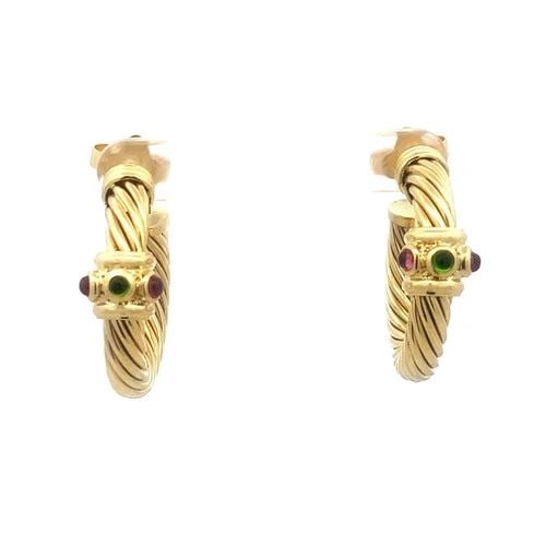 DAVID YURMAN RENAISSANCE GOLD EARRINGS 18K YELLOW GEMSTONE CABLE HOOPS: The David Yurman Renaissance Gold Earrings are stunning 18k yellow gold hoops with butterfly closure, they feature pink and green gemstones in a cabochon shape on a band set round the 5mm wide cable h