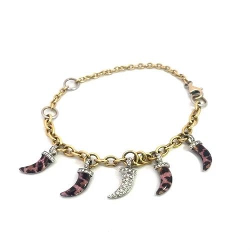 ITALIAN HORN DIAMOND GOLD CHAIN BRACELET 18K TWO TONE ENAMEL DANGLE CHARMS: This is an eye-catching fashion statement bracelet, it is crafted from 18k yellow and white gold. The oval link chain is in yellow gold with white gold large rings for adjustments. Dangling from the c