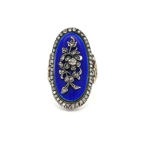 EDWARDIAN DIAMOND RING 16K GOLD SILVER ENAMEL FLORAL STYLE LONG TOP (1 of 2)