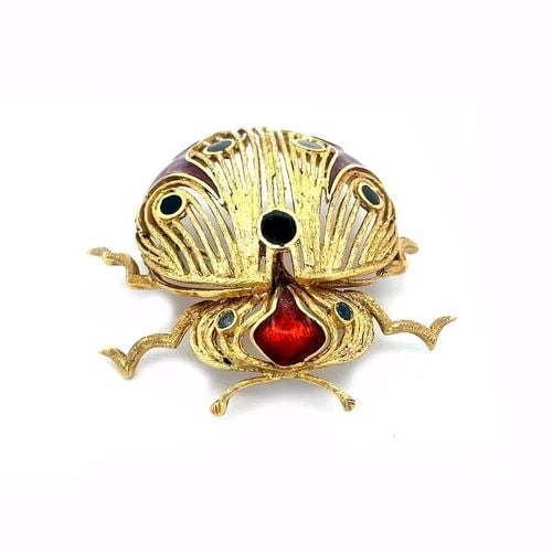 VINTAGE LADY BUG 18K GOLD BROOCH ENAMEL & GEMS OPEN STYLE LARGE PIN: VINTAGE LADY BUG 18K GOLD BROOCH ENAMEL & GEMS OPEN STYLE LARGE PIN This is a vintage 18k yellow gold large brooch, it features a cut lady bug with a large open style dome shell with enamel black dots
