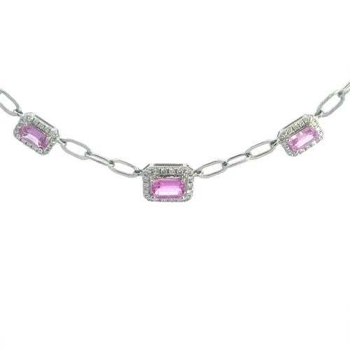 PINK SAPPHIRE DIAMOND GOLD NECKLACE 14K WHITE RECTANGLE MOTIFS STYLE: PINK SAPPHIRE DIAMOND GOLD NECKLACE 14K WHITE RECTANGLE MOTIFS STYLE This beautiful collar necklace features a beautiful design with 14k white gold construction in a collar style. The front center of 