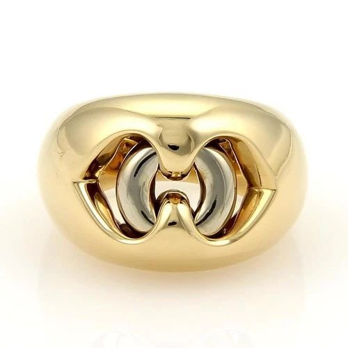 BVLGARI GOLD HEART RING 18K TWO TONE DUAL OPEN STYLE DOME SHAPE: BVLGARI GOLD HEART RING 18K TWO TONE DUAL OPEN STYLE DOME SHAPE The lovely Bvlgari ring is a stunning piece of fine jewelry featuring a unique double heart shape design in 18k yellow and white gold. I