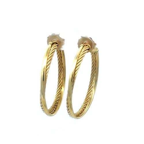 DAVID YURMAN GOLD EARRINGS HOOPS 18K YELLOW CABLE CROSSOVER STYLE 43MM: DAVID YURMAN GOLD EARRINGS HOOPS 18K YELLOW CABLE CROSSOVER STYLE 43MM The David Yurman gold earrings are stunning 18k yellow gold earrings featuring large hoops with a polished and cable rings set a 