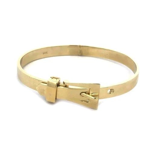 BELT & BUCKLE BRACELET 14K YELLOW GOLD HINGED WIDE BAND BANGLE: BELT & BUCKLE BRACELET 14K YELLOW GOLD HINGED WIDE BAND BANGLE This 5mm wide band is crafted from 14k yellow gold featuring a hinged belt and buckle bracelet, the belt slide under with a cover over la