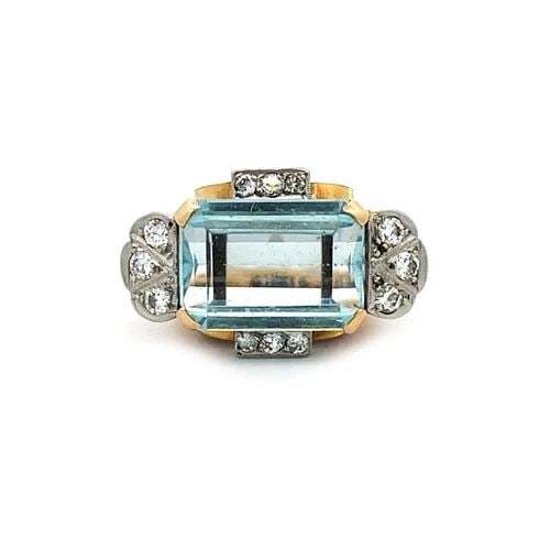 DIAMOND AQUAMARINE PLATINUM GOLD FLORAL DESIGN RETRO ESTATE RING: DIAMOND AQUAMARINE PLATINUM GOLD FLORAL DESIGN RETRO ESTATE RING This Retro Era ring is crafted from 18k and 16k yellow gold accented with platinum, the top center has a large rectangle shape aquamari