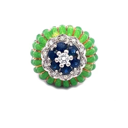 SAPPHIRE DIAMOND GOLD VINTAGE HAREM RING 18K YELLOW ENAMEL FLORAL TOP: SAPPHIRE DIAMOND GOLD VINTAGE HAREM RING 18K YELLOW ENAMEL FLORAL TOP This is a classic beautiful harem ring; it is crafted from 18k yellow gold with white gold accent featuring a high dome shape with