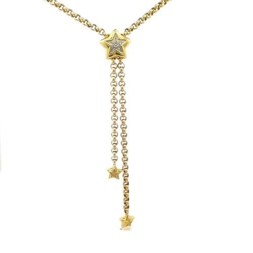 UNOAERRE GOLD DIAMOND NECKLACE 18K YELLOW ROLO LINK STAR TASSEL PENDANT: UNOAERRE GOLD DIAMOND NECKLACE 18K YELLOW ROLO LINK STAR TASSEL PENDANT This eye-catching long necklace is a stunning piece of fine jewelry featuring a star-shaped pendant with a white diamond set in 