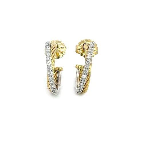 DAVID YURMAN DIAMOND 18K TWO TONE GOLD CABLE CROSSOVER HOOP EARRINGS: DAVID YURMAN DIAMOND 18K TWO TONE GOLD CABLE CROSSOVER HOOP EARRINGS This chic authentic pair of earrings are from David Yurman, they are crafted from 18k yellow and white gold with a polished finish 