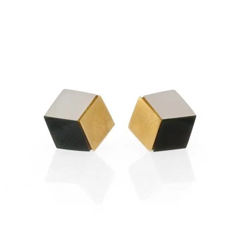 ANGELA CUMMINGS ONYX MOP 18K YELLOW GOLD 3D CUBE STUD EARRINGS (1 of 2)