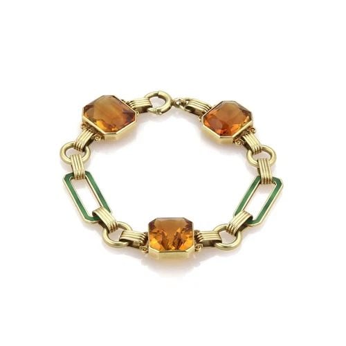 ART DECO CITRINE ENAMEL GOLD BRACELET 14K YELLOW FANCY LINK: ART DECO CITRINE ENAMEL GOLD BRACELET 14K YELLOW FANCY LINK Vintage Citrine & Enamel 14k Yellow Gold Fancy Link Bracelet Description This beautiful vintage bracelet is crafted from 14k yellow gold wit