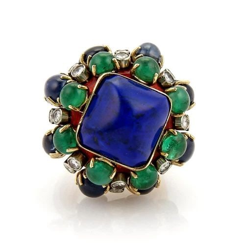DIAMOND & GEM GOLD RING 14K YELLOW HAREM STYLE: DIAMOND & GEM GOLD RING 14K YELLOW HAREM STYLE This vintage diamond and gemstone ring features a harem style design with a main stone of natural diamond in a multicolor gemstone and blue enamel settin