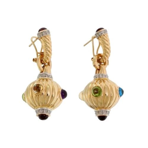 DIAMOND MULTICOLOR GEMS EARRINGS 14K GOLD RIBBED DISCO BALL DROP: DIAMOND MULTICOLOR GEMS EARRINGS 14K GOLD RIBBED DISCO BALL DROP Diamond Multicolor Gems 14k Gold Ribbed Disco Ball Dangle Earrings Description This beautiful pair of earrings are crafted in 14k yello