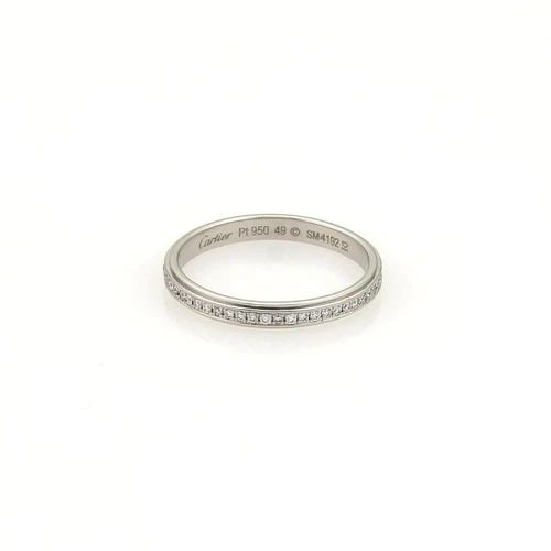 CARTIER DIAMOND PLATINUM RING FULL CIRCLE ETERNITY WEDDING BAND SIZE 5: CARTIER DIAMOND PLATINUM RING FULL CIRCLE ETERNITY WEDDING BAND SIZE 5 This is an elegant authentic eternity ring by Cartier, it is crafted from solid platinum in a polished finish and has a full circ