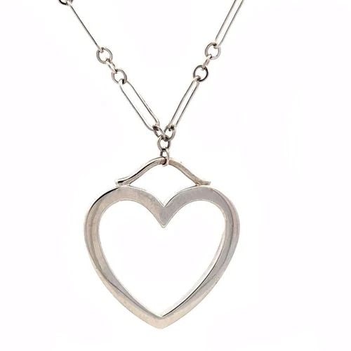TIFFANY & CO. SENTIMENTAL NECKLACE 18K WHITE GOLD LARGE HEART PENDANT: TIFFANY & CO. SENTIMENTAL NECKLACE 18K WHITE GOLD LARGE HEART PENDANT This authentic pendant and chain necklace is from Tiffany & Co. It is crafted from 18k white gold with a high polished finish. The