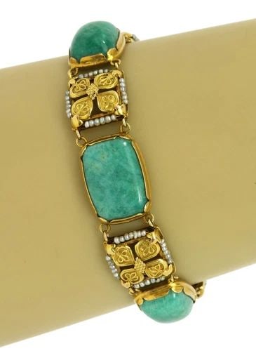 ART NOUVEAU GEMS GOLD BRACELET AMAZONITE SEED PEARLS 14K YELLOW FLORAL STYLE: ART NOUVEAU GEMS GOLD BRACELET AMAZONITE SEED PEARLS 14K YELLOW FLORAL STYLE This Art Nouveau Gems Gold Bracelet features a beautiful design with Amazonite long dome shape stones in bezel style settin