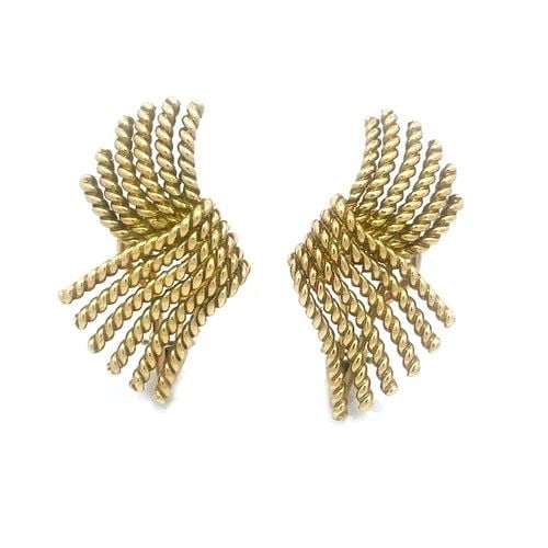 TIFFANY & CO. SCHLUMBERGER GOLD EARRINGS 18K YELLOW V ROPE CLIP ON BOX: TIFFANY & CO. SCHLUMBERGER GOLD EARRINGS 18K YELLOW V ROPE CLIP ON BOX The Tiffany & Co. Schlumberger Gold Earrings are a vintage piece with a fan-shaped design, featuring a clip-on closure for easy w