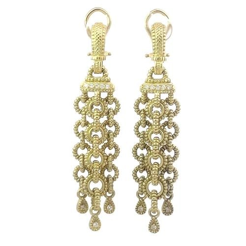 DIAMOND 18K GOLD EARRINGS YELLOW DROP DANGLE TRIPLE CHAIN STYLE: DIAMOND 18K GOLD EARRINGS YELLOW DROP DANGLE TRIPLE CHAIN STYLE This chic fashionable pair of earrings are crafted from 18k yellow gold featuring a fine bead textured finish with a curved huggie top a