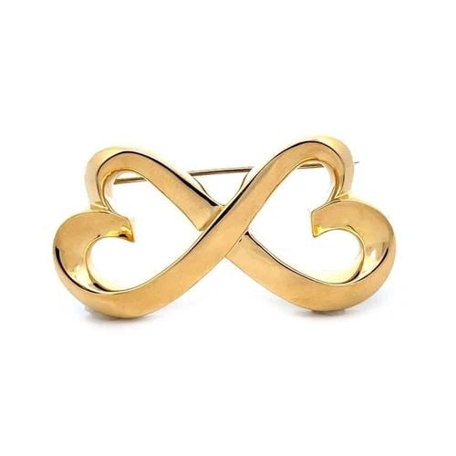 TIFFANY & CO. PICASSO BROOCH DOUBLE LOVING HEART PIN LARGE: TIFFANY & CO. PICASSO BROOCH DOUBLE LOVING HEART PIN LARGE Elegant and authentic from Tiffany & Co. by designer Paloma Picasso from her Loving Hearts Collection. It is crafted from 18k yellow gold in 