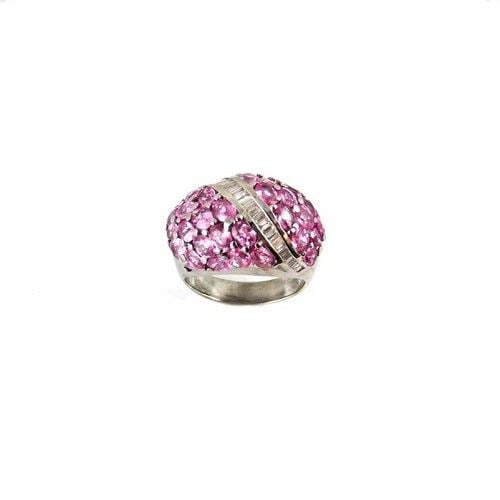 DIAMOND GOLD RING 14KT WITH PINK GEMSTONES DOME STYLE (1 of 2)
