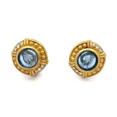 JUDITH RIPKA INTAGLIO EARRINGS DIAMOND 18K YELLOW GOLD: JUDITH RIPKA INTAGLIO EARRINGS DIAMOND 18K YELLOW GOLD This lovely authentic pair of earrings are by Judith Ripka, they are crafted from 18k yellow gold featuring a round button shape huggie earrings 