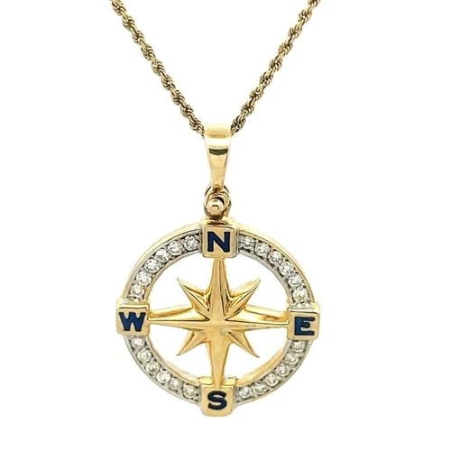 REYES DEL MAR DIAMOND GOLD PENDANT NAUTICAL COMPASS ENAMEL 14K NECKLACE (1 of 2)