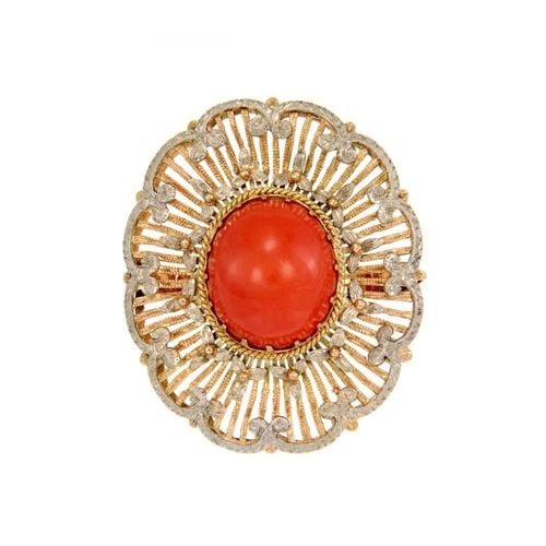 VINTAGE 18K TRICOLOR GOLD CORAL FLORAL FILIGREE HALO LARGE COCKTAIL RING: VINTAGE 18K TRICOLOR GOLD CORAL FLORAL FILIGREE HALO LARGE COCKTAIL RING Vintage 18k Tricolor Gold Coral Floral Filigree Halo Large Cocktail Ring Description This is a large impressive design vintage 