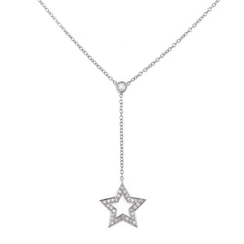 TIFFANY & CO. DIAMOND PLATINUM LARIAT STAR PENDANT & CHAIN: TIFFANY & CO. DIAMOND PLATINUM LARIAT STAR PENDANT & CHAIN Tiffany & Co. Diamond Platinum Lariat Star Pendant & Chain Description This is a lovely authentic necklace is from Tifany & Co. It is crafted