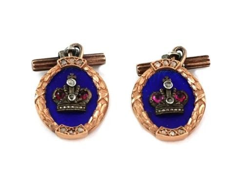 VICTORIAN ENAMEL CUFFLINKS DIAMOND 14K ROSE GOLD CUFFLINKS (1 of 2)
