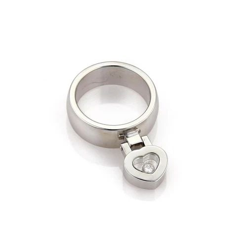 CHOPARD HAPPY DIAMOND RING 18K WHITE GOLD HEART DROP CHARM BAND W/CERT: CHOPARD HAPPY DIAMOND RING 18K WHITE GOLD HEART DROP CHARM BAND W/CERT Chopard Happy Diamond 18k White Gold Heart Drop Charm Band Ring w/Cert Description This is an authentic Chopard band ring from th