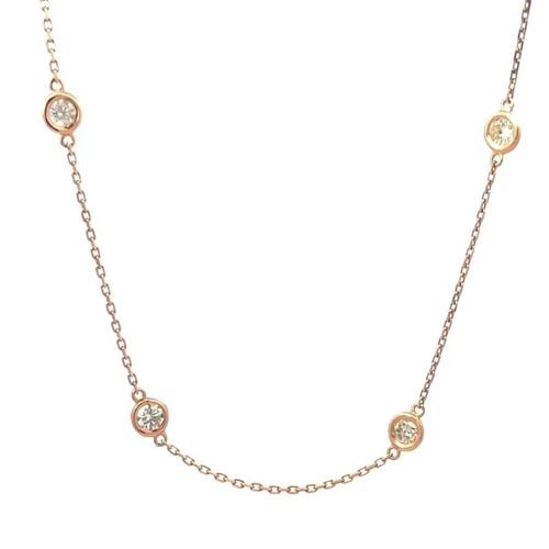 YARD NECKLACE DIAMOND GOLD 14K STATION 2CT ROSE GOLD BEZEL CHAIN: YARD NECKLACE DIAMOND GOLD 14K STATION 2CT ROSE GOLD BEZEL CHAIN This is a lovely diamond by the yard style necklace, perfect for everyday attire. It is crafted from 14k rose gold featuring bezel set 
