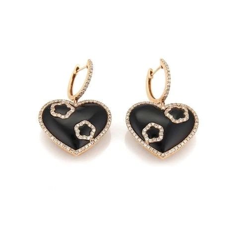 DIAMOND ONYX GOLD EARRINGS 18K ROSE HEARTS DROP DANGLE STYLE: DIAMOND ONYX GOLD EARRINGS 18K ROSE HEARTS DROP DANGLE STYLE Description This is a lovely pair of rose gold diamonds and black onyx ladies heart dangle earrings. They are well crafted from 18k rose go