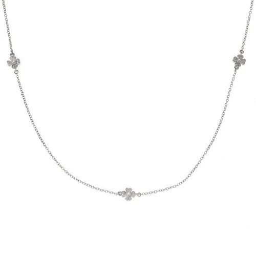 DIAMOND NECKLACE 18K WHITE GOLD FLORAL STATION CHAIN 32" LONG: DIAMOND NECKLACE 18K WHITE GOLD FLORAL STATION CHAIN 32" LONG This Diamond Necklace features a star-shaped pendant with round white diamonds set in 18k white gold. The floral station chain measures 32