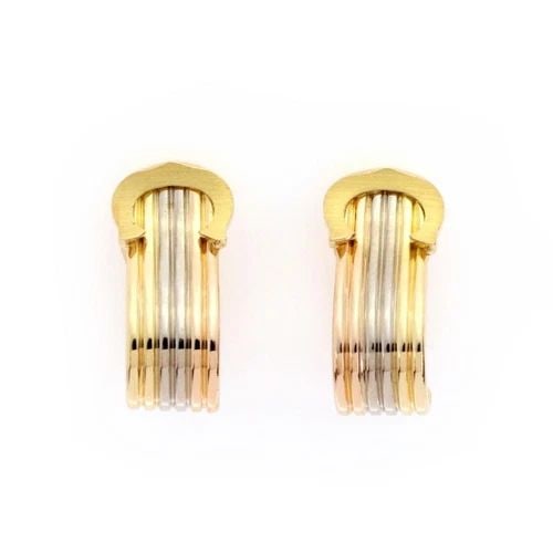CARTIER DOUBLE C EARRINGS 18K TRI-COLOR GOLD HUGGIE CLIP-ON W/PAPER: CARTIER DOUBLE C EARRINGS 18K TRI-COLOR GOLD HUGGIE CLIP-ON W/PAPER Cartier Double C 18k Tri-Color Gold Huggie Clip-On Earrings w/Paper Description This is an elegant authentic pair of earrings by Car