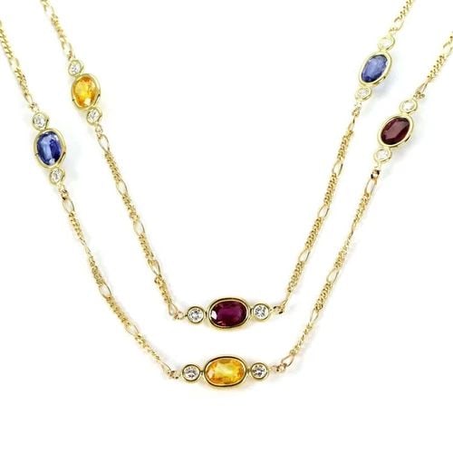 DIAMOND & SAPPHIRE GOLD NECKLACE 14K YELLOW FIGARO CHAIN 30" L (1 of 2)
