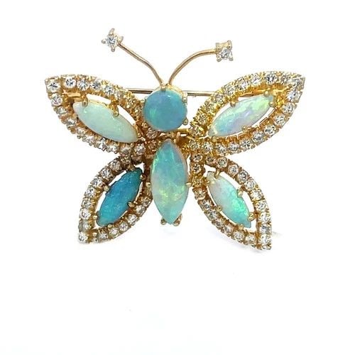 HAMMERMAN BROTHERS GOLD OPAL BROOCH BUTTERFLY DIAMOND 18K YELLOW: HAMMERMAN BROTHERS GOLD OPAL BROOCH BUTTERFLY DIAMOND 18K YELLOW This adorable brooch is by designer Hammerman Brothers, it features a beautiful butterfly pin in 18k yellow gold with natural white pro